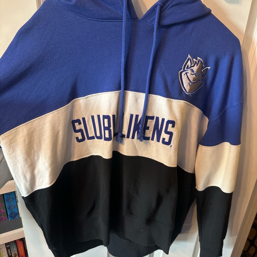 Saint Louis University color block hoodie with Billikens logo
